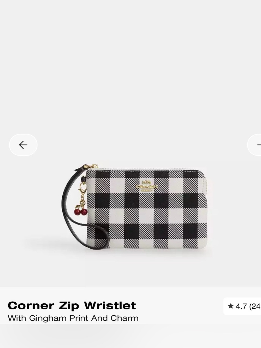 Coach Black & White Gingham Zip Wristlet with Cherry Charm